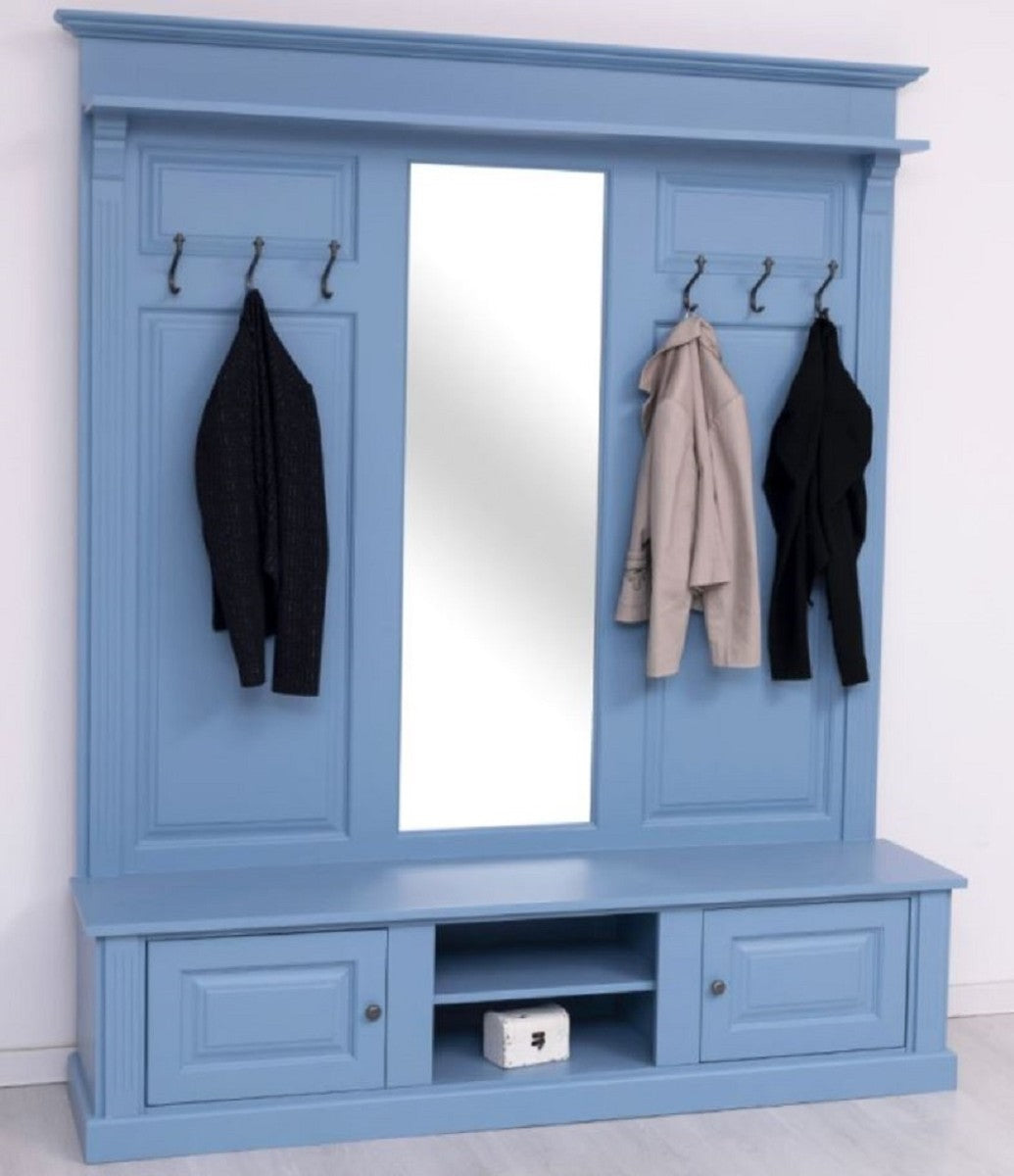 Landhausstil Garderobe Hellblau 180 x 41 x H. 210 cm - Massivholz Garderobenschrank mit Spiegel - Massivholz Garderobenmöbel - Landhausstil Garderobenmöbel