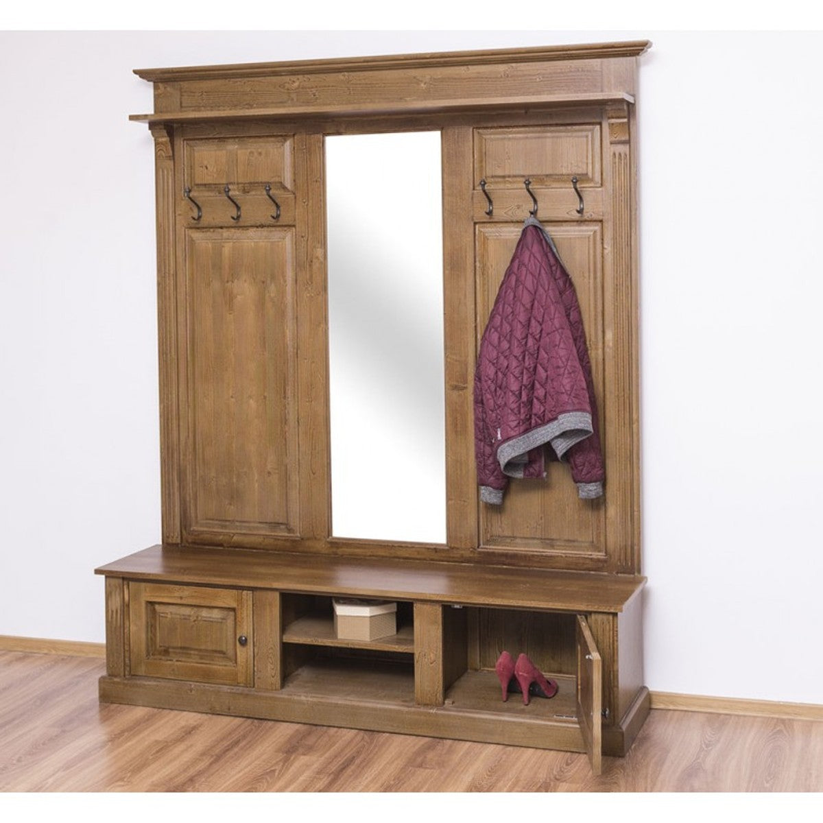 Landhausstil Garderobe holzfarben 180 x 41 x H. 210 cm - Massivholz Garderobenschrank mit Spiegel - Landhausstil Garderobenmöbel