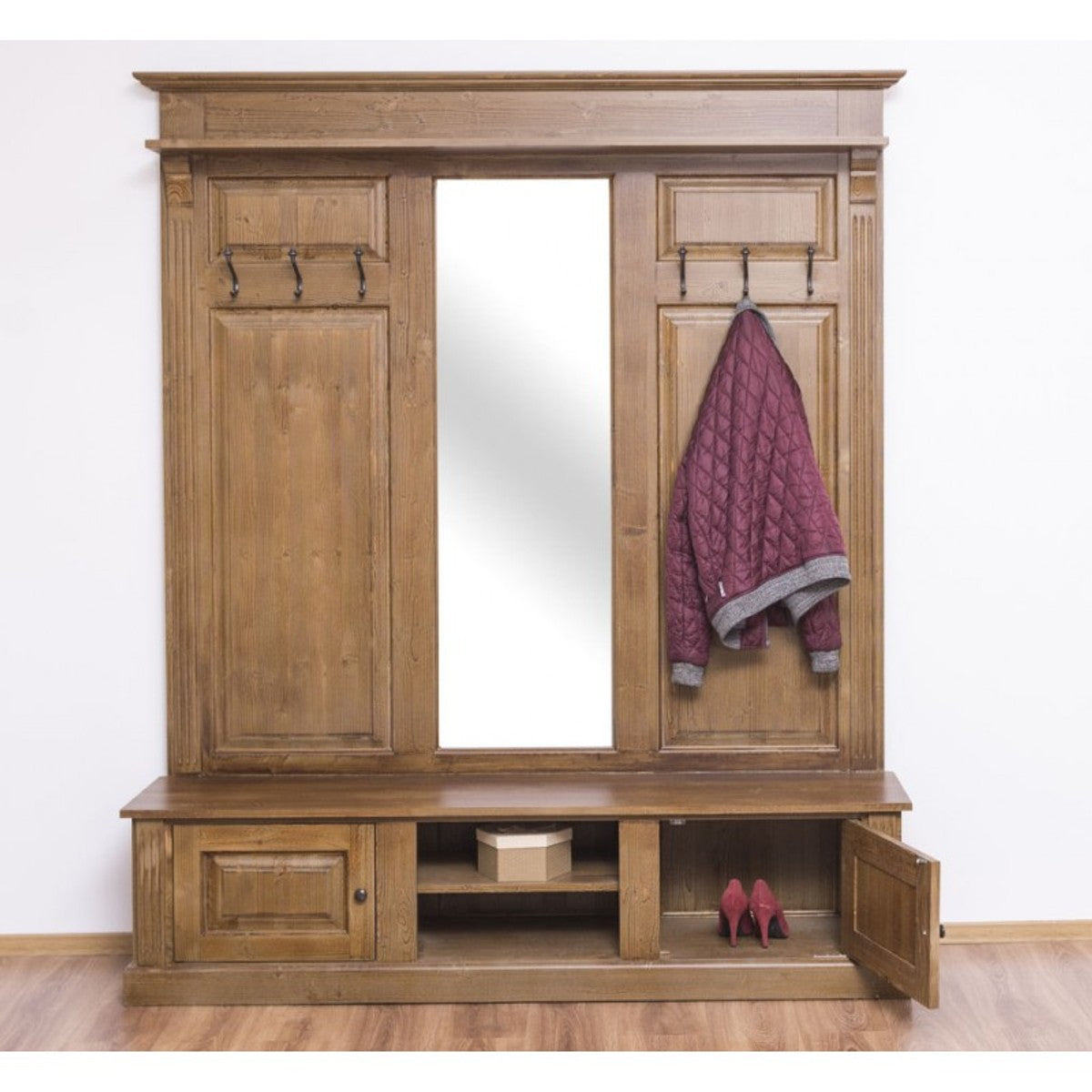 Landhausstil Garderobe holzfarben 180 x 41 x H. 210 cm - Massivholz Garderobenschrank mit Spiegel - Landhausstil Garderobenmöbel