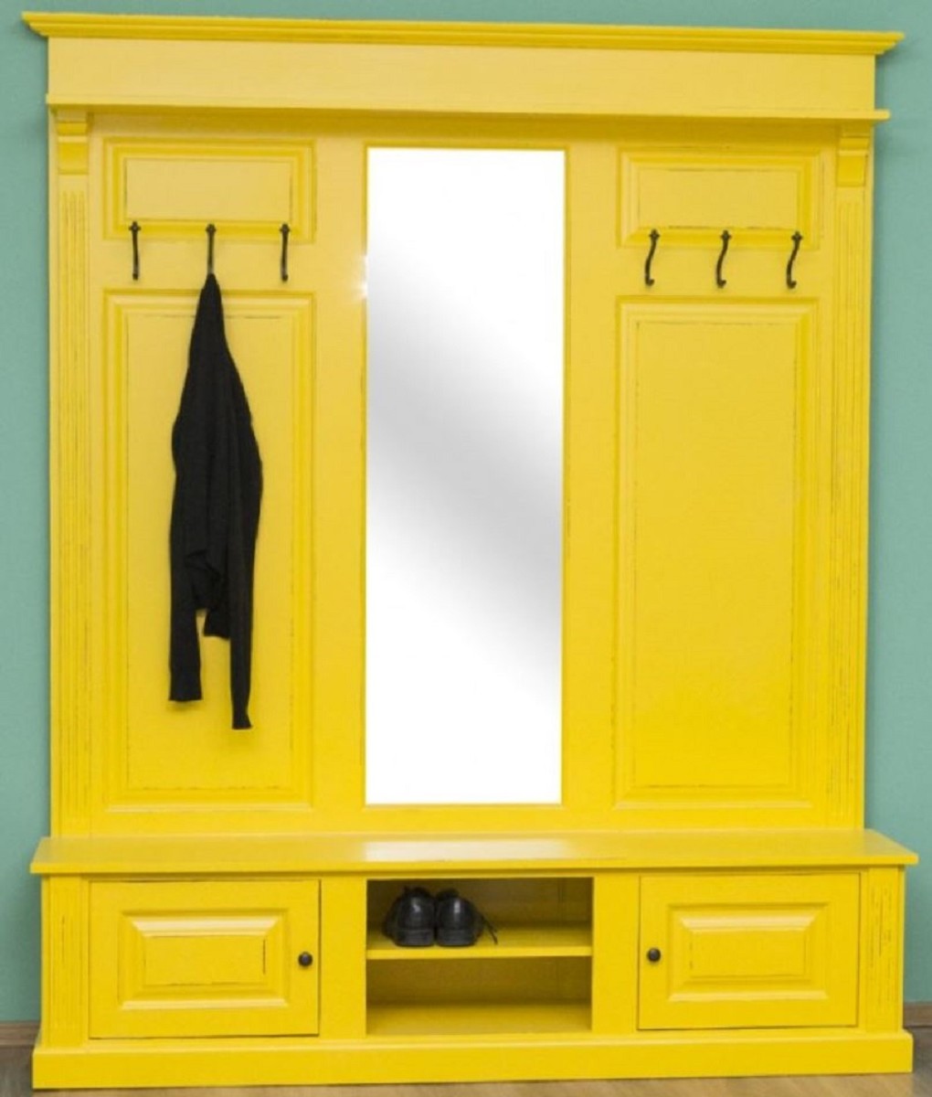 Landhausstil Garderobe Antik Gelb 180 x 41 x H. 210 cm - Massivholz Garderobenschrank mit Spiegel - Landhausstil Garderobenmöbel