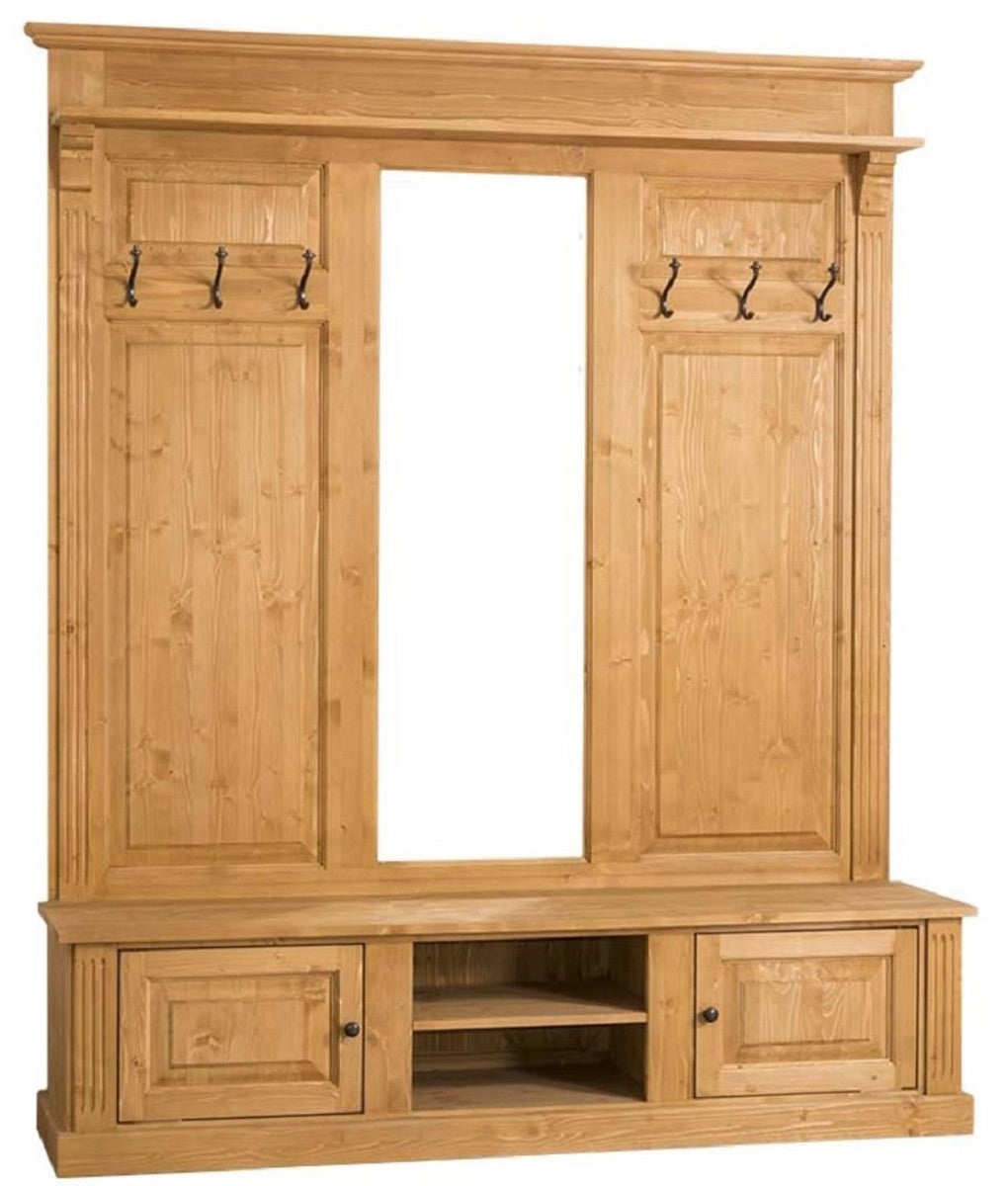 Landhausstil Garderobe Naturfarben 180 x 41 x H. 210 cm - Massivholz Garderobenschrank mit Spiegel - Landhausstil Garderobenmöbel