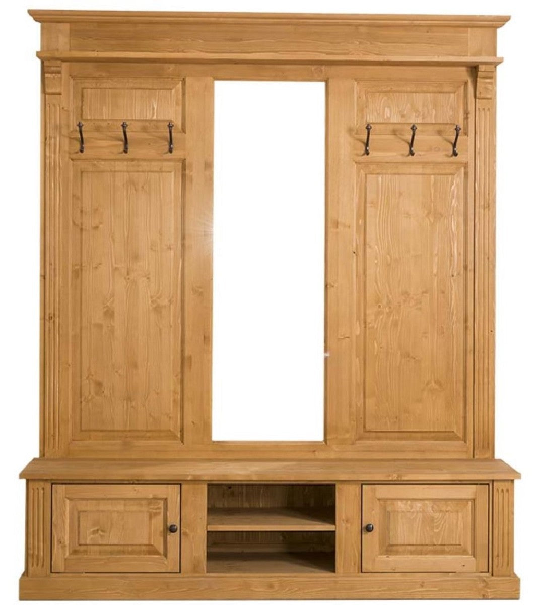 Landhausstil Garderobe Naturfarben 180 x 41 x H. 210 cm - Massivholz Garderobenschrank mit Spiegel - Landhausstil Garderobenmöbel