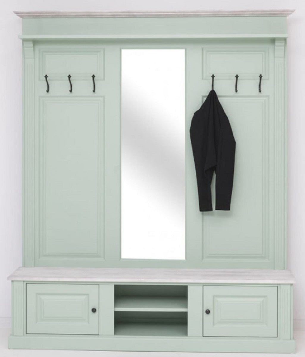 Landhausstil Garderobe Mintgrün / Grau 180 x 41 x H. 210 cm - Massivholz Garderobenschrank mit Spiegel - Massivholz Garderobenmöbel - Landhausstil Garderobenmöbel
