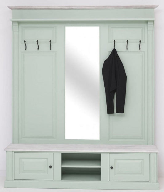 Landhausstil Garderobe Mintgrün / Grau 180 x 41 x H. 210 cm - Massivholz Garderobenschrank mit Spiegel - Massivholz Garderobenmöbel - Landhausstil Garderobenmöbel