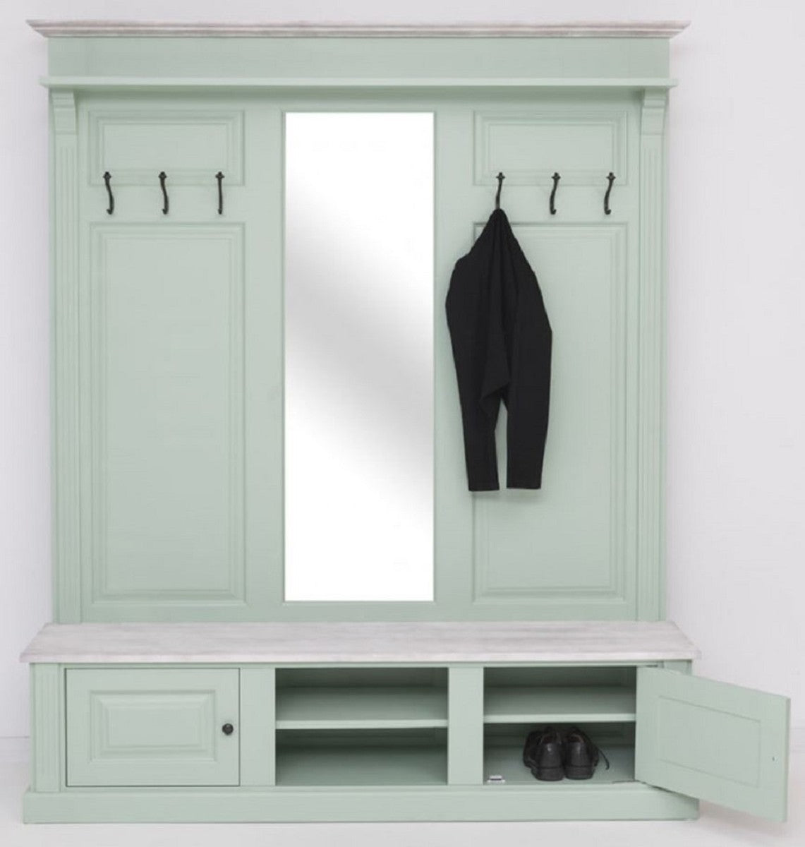 Landhausstil Garderobe Mintgrün / Grau 180 x 41 x H. 210 cm - Massivholz Garderobenschrank mit Spiegel - Massivholz Garderobenmöbel - Landhausstil Garderobenmöbel