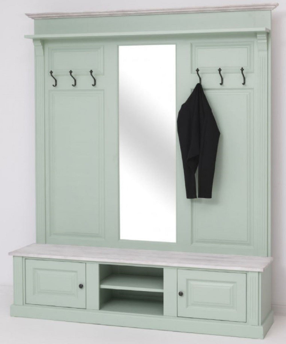 Landhausstil Garderobe Mintgrün / Grau 180 x 41 x H. 210 cm - Massivholz Garderobenschrank mit Spiegel - Massivholz Garderobenmöbel - Landhausstil Garderobenmöbel