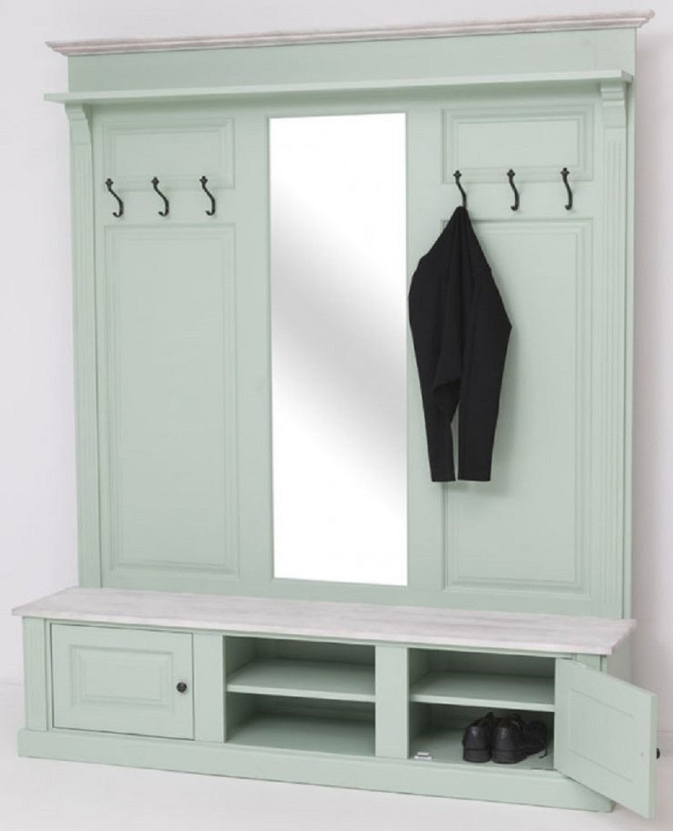 Landhausstil Garderobe Mintgrün / Grau 180 x 41 x H. 210 cm - Massivholz Garderobenschrank mit Spiegel - Massivholz Garderobenmöbel - Landhausstil Garderobenmöbel