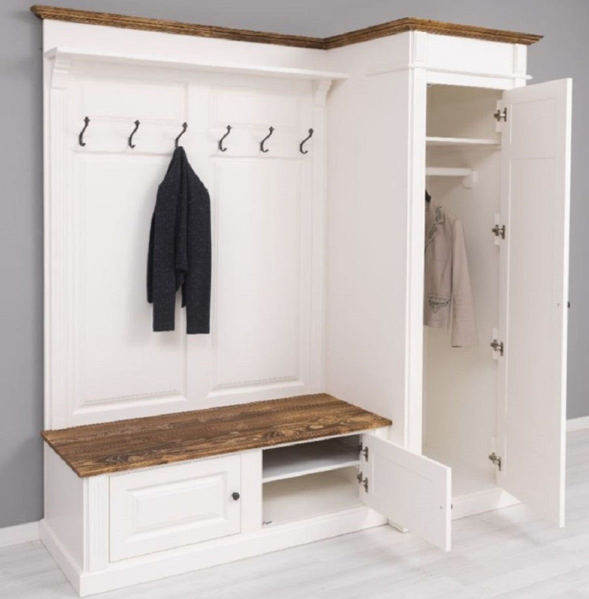 Landhausstil Garderobenschrank Weiß / Braun 205 x 65 x H. 210 cm - Massivholz Garderobe - Flur Schrank - Garderoben Möbel - Massivholz Möbel - Landhausstil Möbel