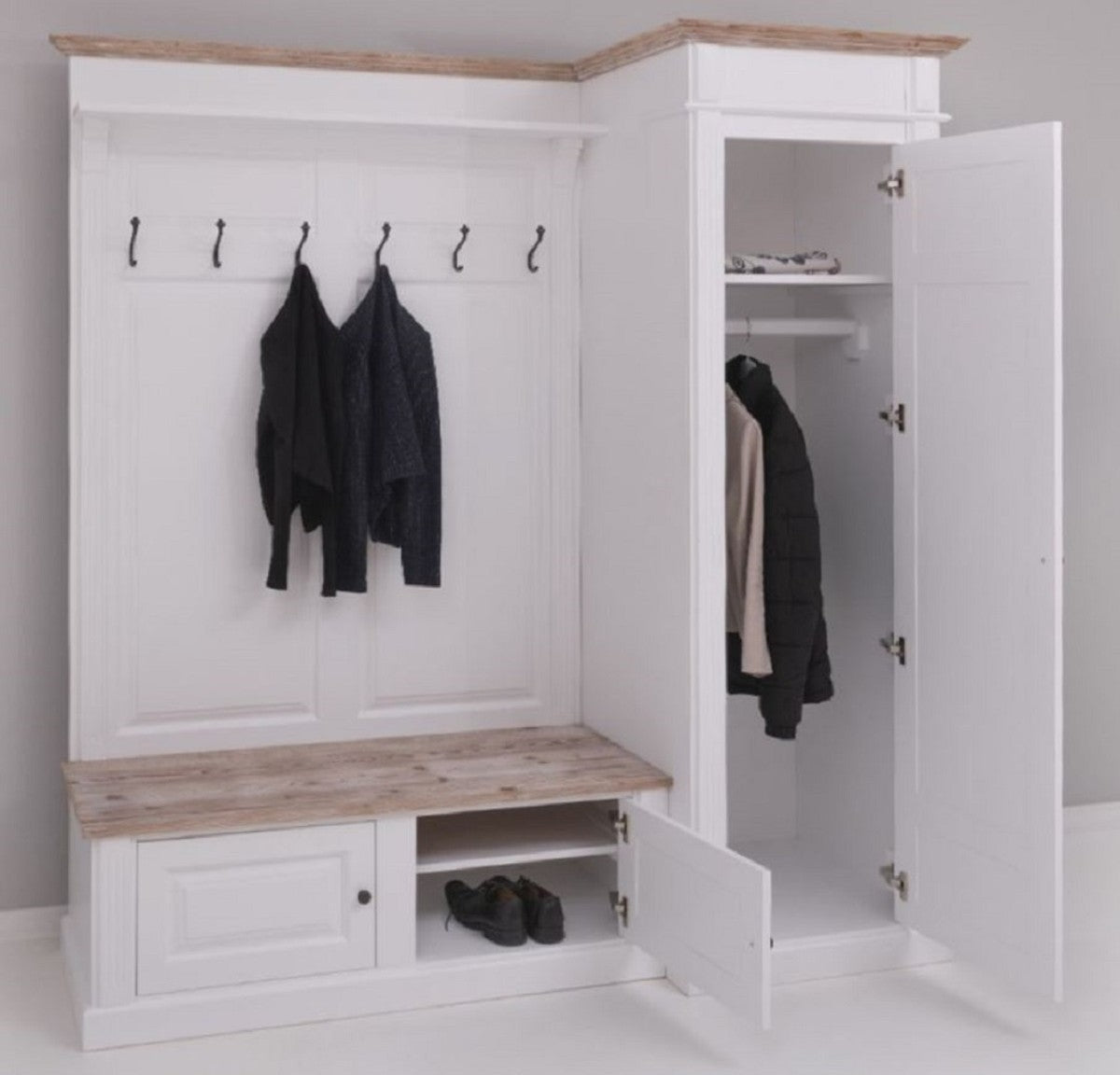 Landhausstil Garderobenschrank Weiß / Naturfarben 205 x 65 x H. 210 cm - Massivholz Garderobe - Flur Schrank - Flurmöbel - Garderoben Möbel - Massivholz Möbel - Landhausstil Möbel