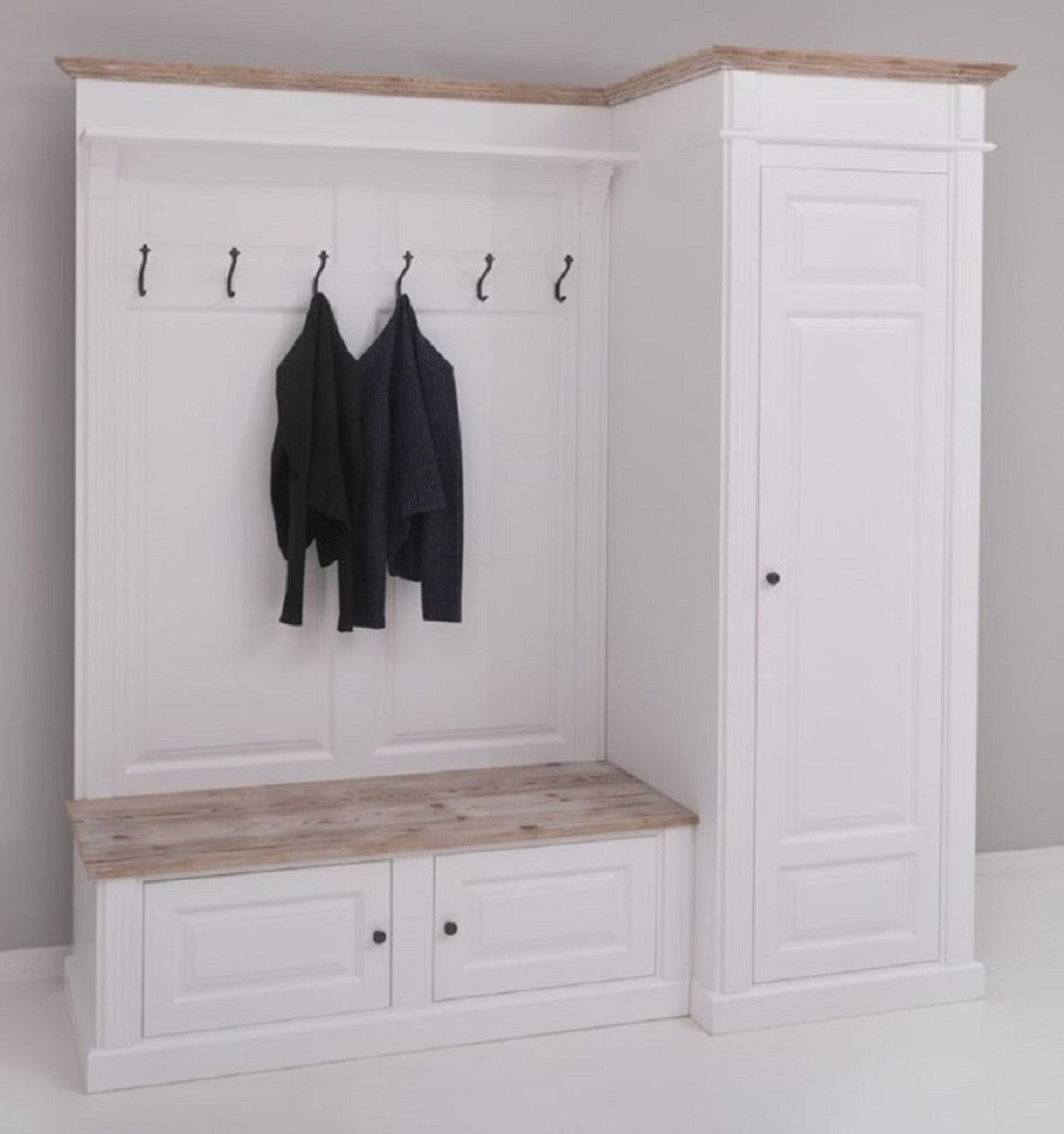 Landhausstil Garderobenschrank Weiß / Naturfarben 205 x 65 x H. 210 cm - Massivholz Garderobe - Flur Schrank - Flurmöbel - Garderoben Möbel - Massivholz Möbel - Landhausstil Möbel