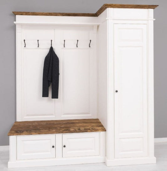 Landhausstil Garderobenschrank Weiß / Braun 205 x 65 x H. 210 cm - Massivholz Garderobe - Flur Schrank - Garderoben Möbel - Massivholz Möbel - Landhausstil Möbel