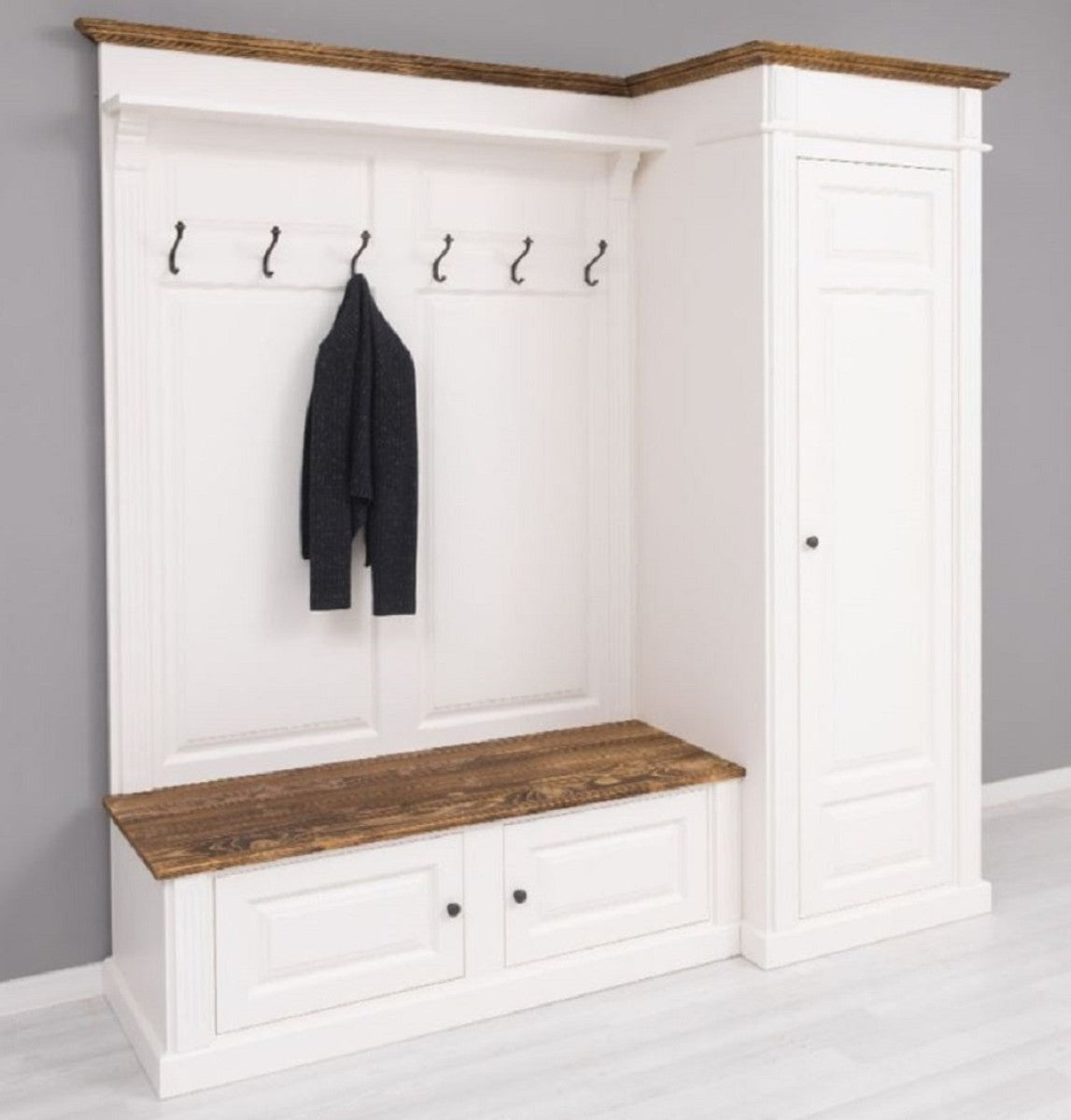 Landhausstil Garderobenschrank Weiß / Braun 205 x 65 x H. 210 cm - Massivholz Garderobe - Flur Schrank - Garderoben Möbel - Massivholz Möbel - Landhausstil Möbel