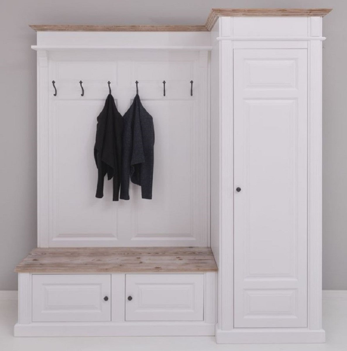 Landhausstil Garderobenschrank Weiß / Naturfarben 205 x 65 x H. 210 cm - Massivholz Garderobe - Flur Schrank - Flurmöbel - Garderoben Möbel - Massivholz Möbel - Landhausstil Möbel