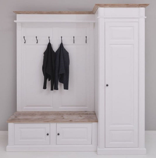 Landhausstil Garderobenschrank Weiß / Naturfarben 205 x 65 x H. 210 cm - Massivholz Garderobe - Flur Schrank - Flurmöbel - Garderoben Möbel - Massivholz Möbel - Landhausstil Möbel