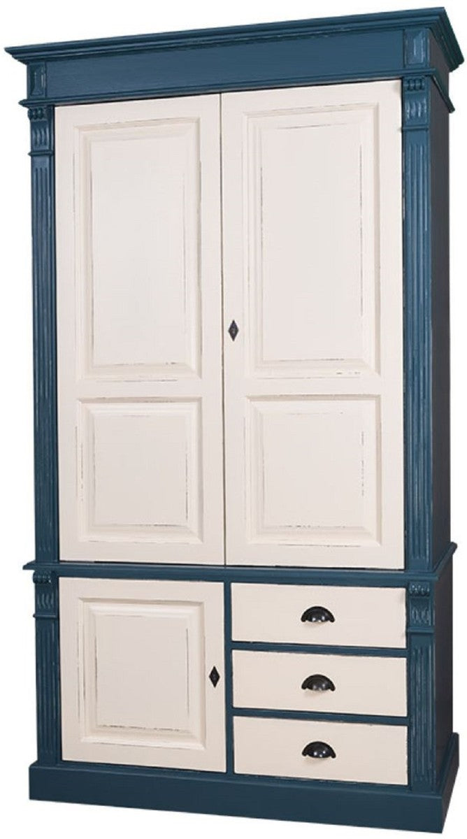 Landhausstil Kleiderschrank Antik Blau / Antik Cremefarben 120 x 59 x H. 210 cm - Massivholz Schlafzimmerschrank mit 3 Türen und 3 Schubladen - Landhausstil Schlafzimmermöbel