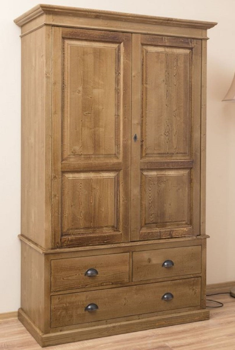 Landhausstil Kleiderschrank Braun 121 x 59 x H. 197 cm - Massivholz Schlafzimmerschrank mit 2 Türen und 3 Schubladen - Landhausstil Schlafzimmer Möbel