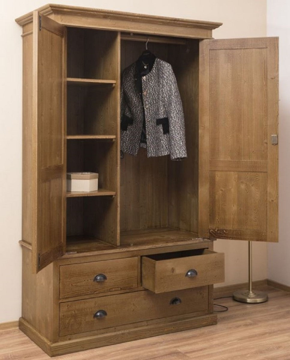 Landhausstil Kleiderschrank Braun 121 x 59 x H. 197 cm - Massivholz Schlafzimmerschrank mit 2 Türen und 3 Schubladen - Landhausstil Schlafzimmer Möbel