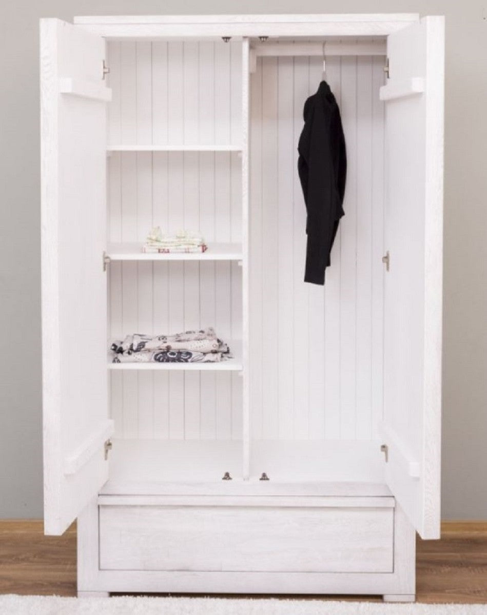 Landhausstil Kleiderschrank Weiß 110 x 53 x H. 190 cm - Massivholz Schlafzimmerschrank mit 2 Türen und Schublade - Landhausstil Schlafzimmer Möbel