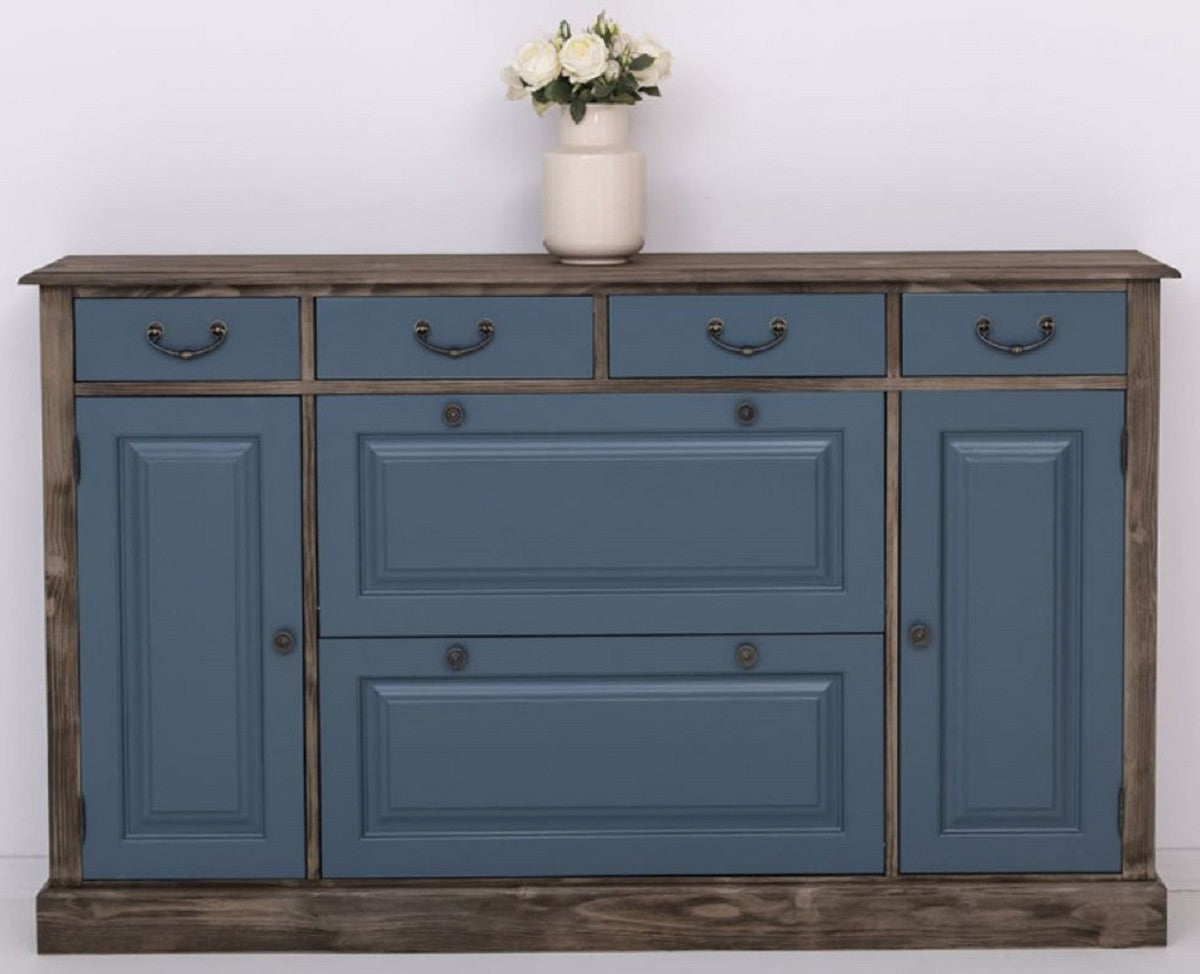 Landhausstil Kommode Blau / Schwarz 176 x 35 x H. 105 cm - Massivholz Schrank mit 6 Schubladen und 2 Türen - Landhausstil Möbel - Möbel im Landhausstil - Landhausstil Einrichtung