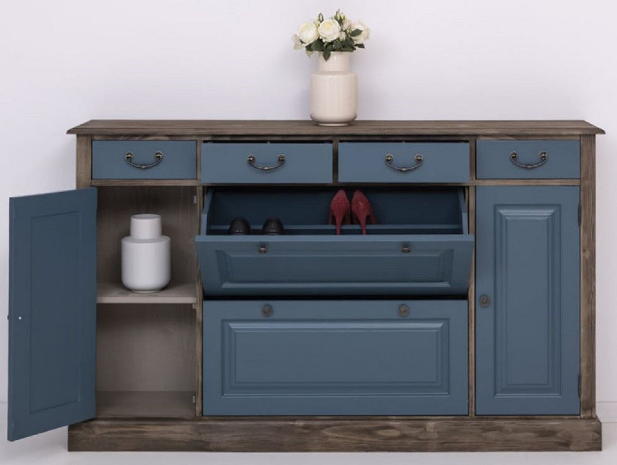 Landhausstil Kommode Blau / Schwarz 176 x 35 x H. 105 cm - Massivholz Schrank mit 6 Schubladen und 2 Türen - Landhausstil Möbel - Möbel im Landhausstil - Landhausstil Einrichtung