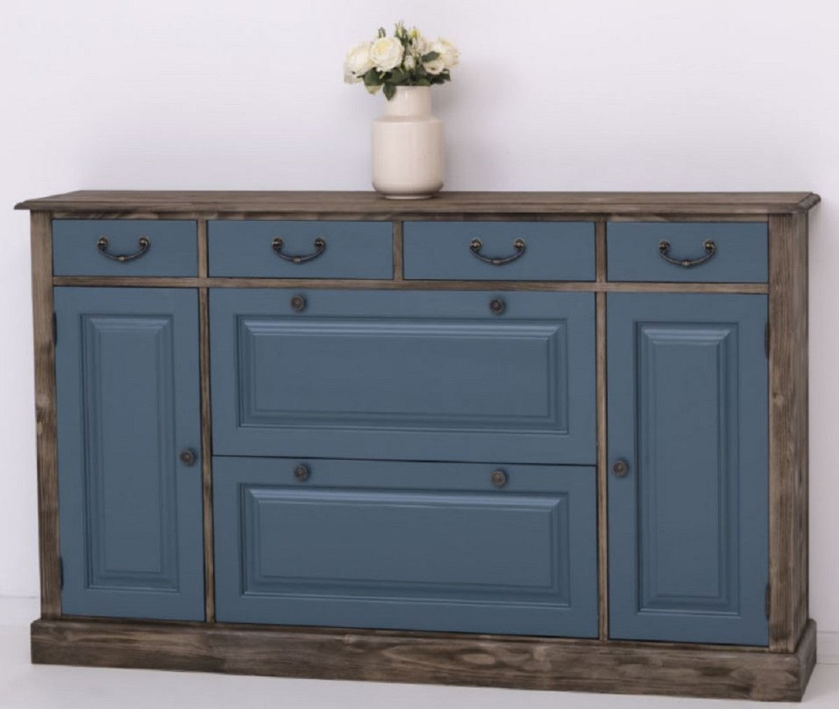 Landhausstil Kommode Blau / Schwarz 176 x 35 x H. 105 cm - Massivholz Schrank mit 6 Schubladen und 2 Türen - Landhausstil Möbel - Möbel im Landhausstil - Landhausstil Einrichtung