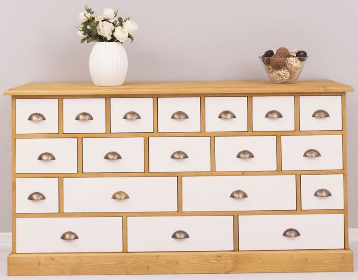 Landhausstil Kommode Naturfarben / Weiß 180 x 48 x H. 95 cm - Massivholz Schrank mit 19 Schubladen - Landhausstil Möbel - Möbel im Landhausstil - Landhausstil Einrichtung