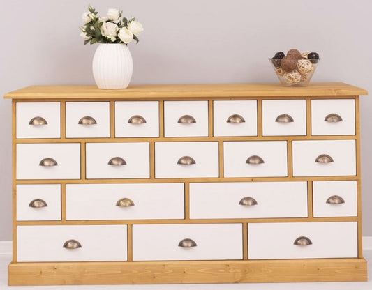 Landhausstil Kommode Naturfarben / Weiß 180 x 48 x H. 95 cm - Massivholz Schrank mit 19 Schubladen - Landhausstil Möbel - Möbel im Landhausstil - Landhausstil Einrichtung