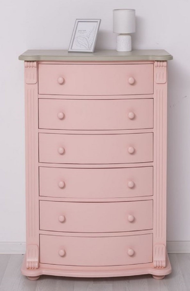 Landhausstil Kommode Rosa / Grau 80 x 48 x H. 120 cm - Massivholz Schrank mit 6 Schubladen - Landhausstil Schlafzimmer Möbel - Möbel im Landhausstil - Landhausstil Einrichtung