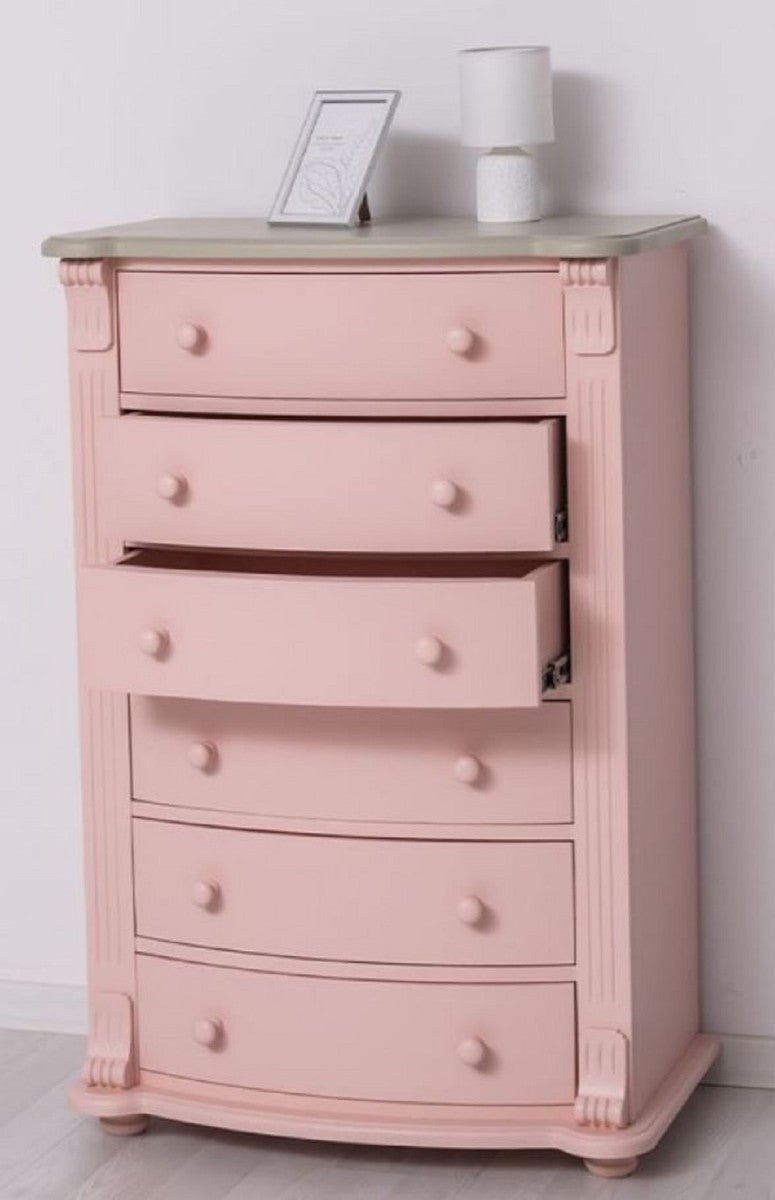 Landhausstil Kommode Rosa / Grau 80 x 48 x H. 120 cm - Massivholz Schrank mit 6 Schubladen - Landhausstil Schlafzimmer Möbel - Möbel im Landhausstil - Landhausstil Einrichtung