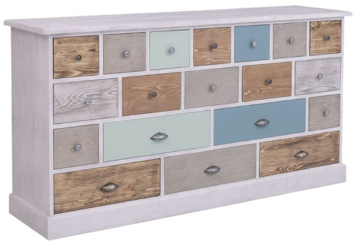 Landhausstil Kommode Hellgrau / Mehrfarbig 180 x 48 x H. 95 cm - Massivholz Schrank mit 19 Schubladen - Landhausstil Möbel - Möbel im Landhausstil - Landhausstil Einrichtung