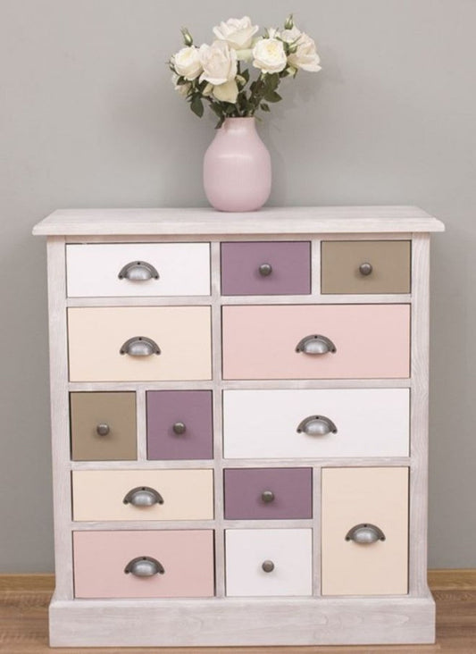 Landhausstil Kommode Hellgrau / Mehrfarbig 90 x 35 x H. 97 cm - Massivholz Schrank mit 13 Schubladen - Landhausstil Möbel