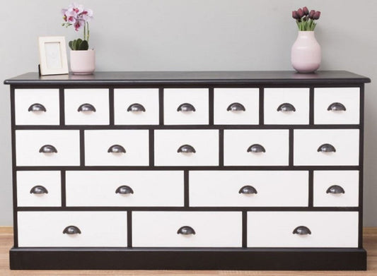 Landhausstil Kommode Schwarz / Weiß 180 x 48 x H. 95 cm - Massivholz Schrank mit 19 Schubladen - Landhausstil Möbel - Möbel im Landhausstil - Landhausstil Einrichtung