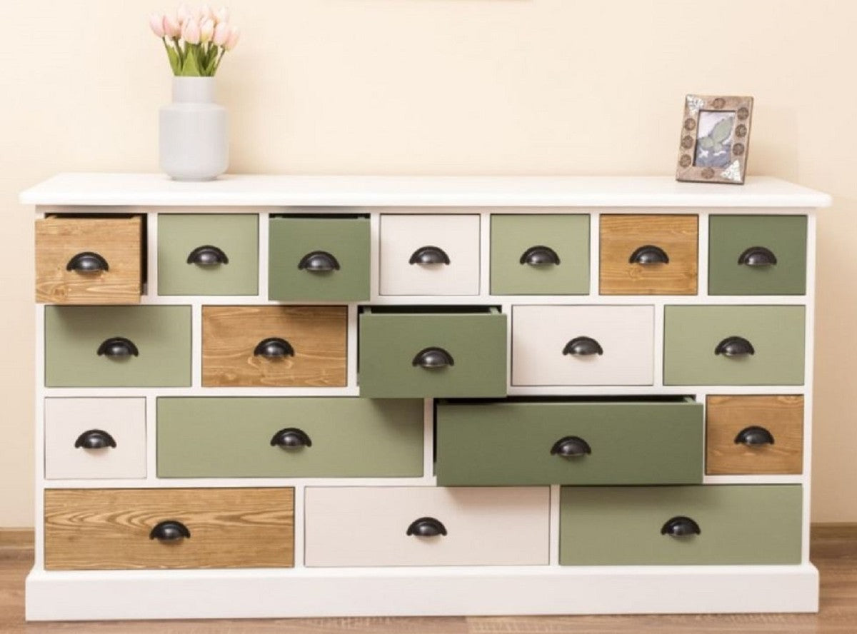Landhausstil Kommode Weiß / Grün / Naturfarben 180 x 48 x H. 95 cm - Massivholz Schrank mit 19 Schubladen - Landhausstil Möbel - Möbel im Landhausstil - Landhausstil Einrichtung