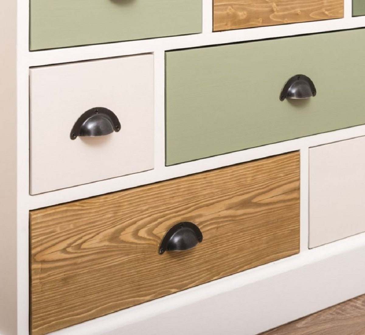 Landhausstil Kommode Weiß / Grün / Naturfarben 180 x 48 x H. 95 cm - Massivholz Schrank mit 19 Schubladen - Landhausstil Möbel - Möbel im Landhausstil - Landhausstil Einrichtung