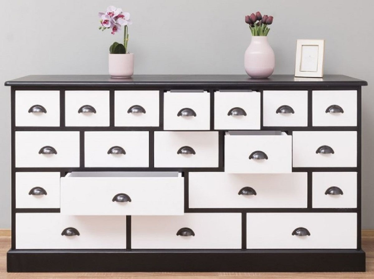 Landhausstil Kommode Schwarz / Weiß 180 x 48 x H. 95 cm - Massivholz Schrank mit 19 Schubladen - Landhausstil Möbel - Möbel im Landhausstil - Landhausstil Einrichtung