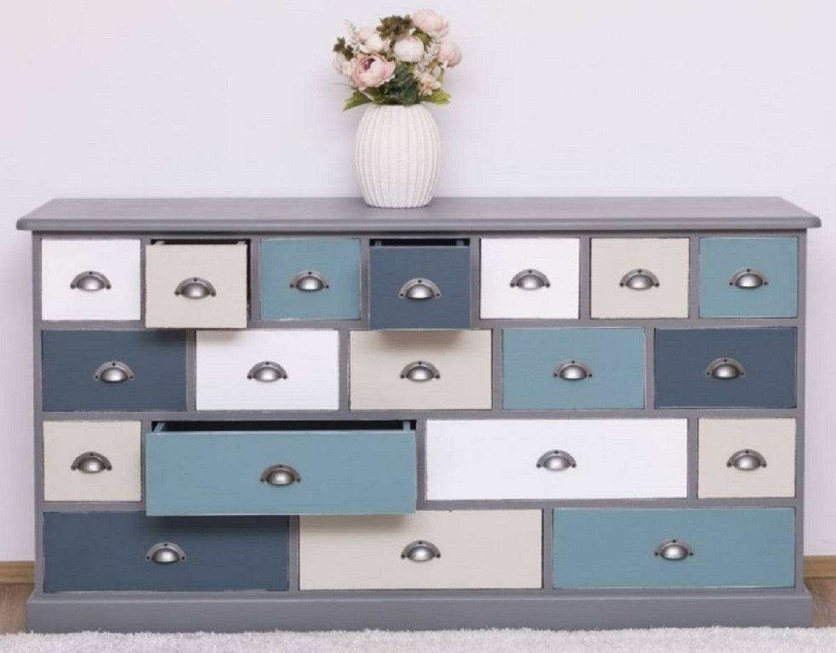 Landhausstil Kommode Grau / Mehrfarbig 180 x 48 x H. 95 cm - Massivholz Schrank mit 19 Schubladen - Landhausstil Möbel - Möbel im Landhausstil - Landhausstil Einrichtung