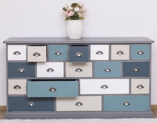 Landhausstil Kommode Grau / Mehrfarbig 180 x 48 x H. 95 cm - Massivholz Schrank mit 19 Schubladen - Landhausstil Möbel - Möbel im Landhausstil - Landhausstil Einrichtung