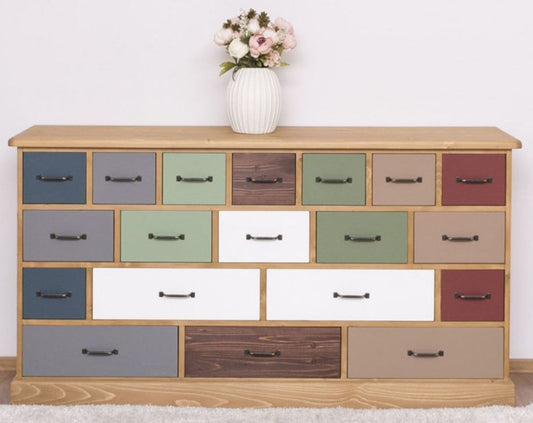 Landhausstil Kommode Hellbraun / Mehrfarbig 180 x 48 x H. 95 cm - Massivholz Schrank mit 19 Schubladen - Landhausstil Möbel