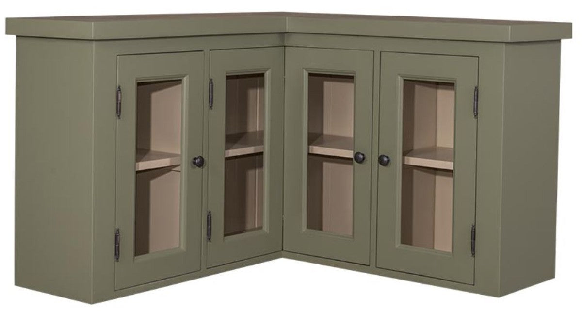 Landhausstil Küchen Eckoberschrank Grün / Beige 98 x 98 x H. 65 cm - Landhausstil Hängeschrank mit 3 Glastüren