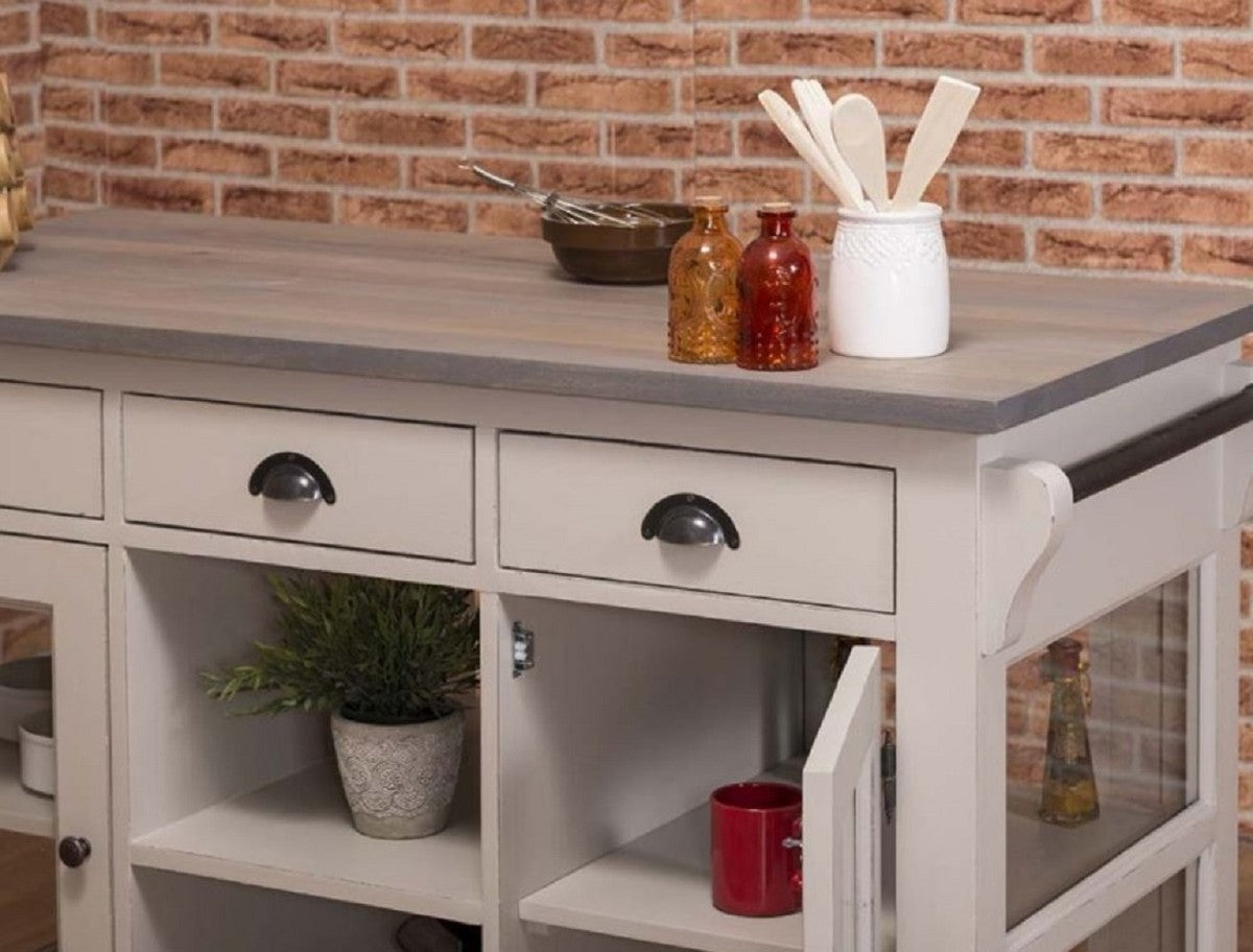 Landhausstil Kücheninsel Grau 135 x 65 x H. 90 cm - Massivholz Küchenschrank - Landhausstil Massivholz Küchen Möbel - Massivholz Esszimmer Möbel im Landhausstil