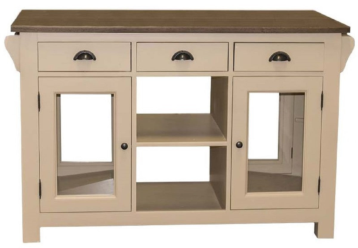 Landhausstil Kücheninsel Beige / Dunkelbraun 135 x 65 x H. 90 cm - Massivholz Esszimmerschrank - Landhausstil Massivholz Küchen Möbel - Esszimmer Möbel im Landhausstil