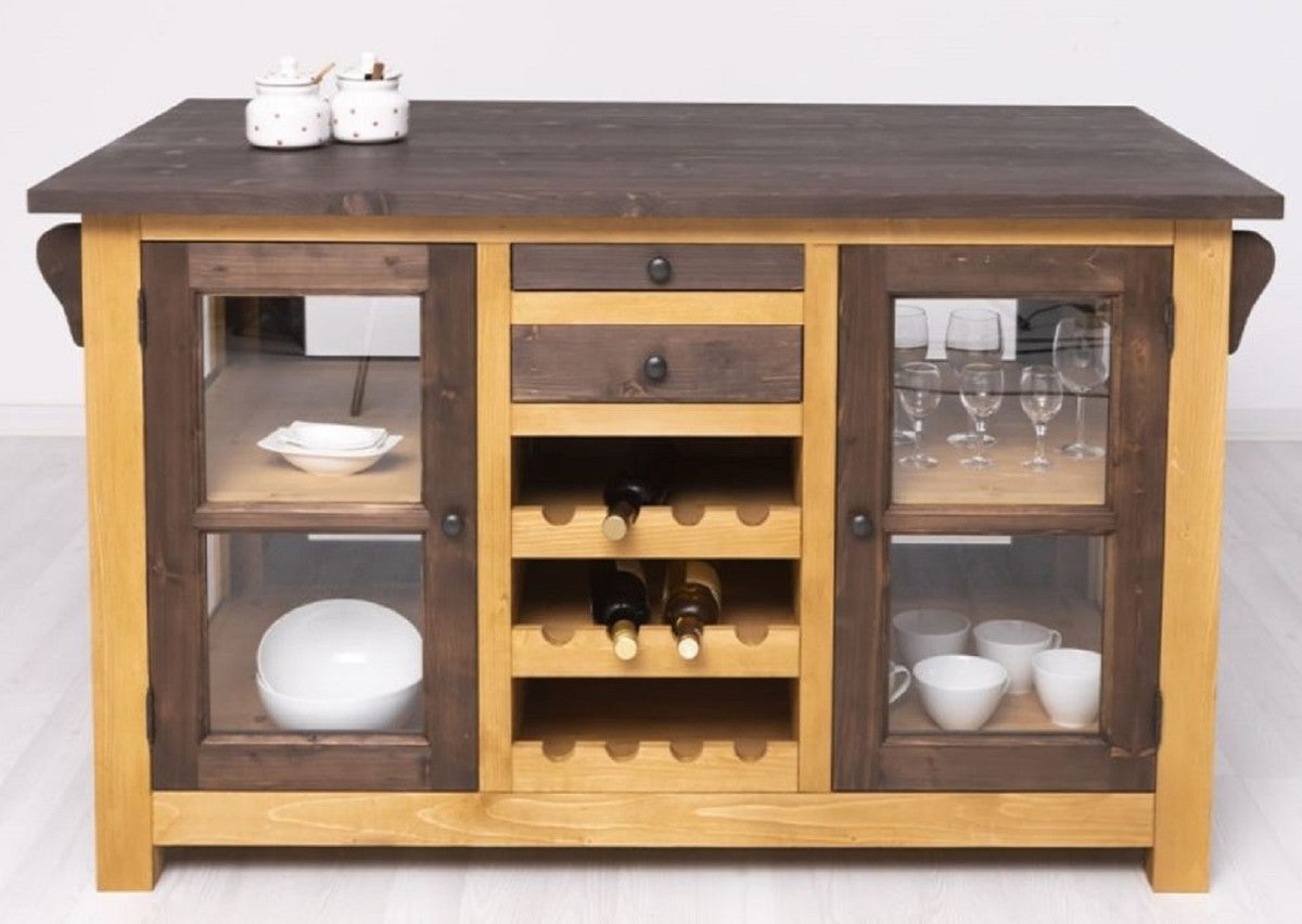 Landhausstil Kücheninsel Braun / Naturfarben 150 x 90 x H. 90 cm - Massivholz Küchenschrank - Landhausstil Massivholz Küchen Möbel - Massivholz Esszimmer Möbel im Landhausstil