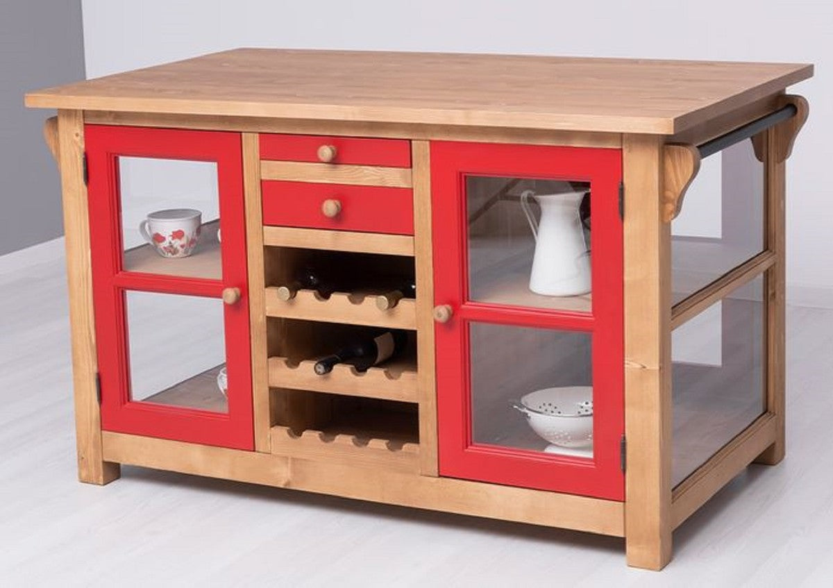 Landhausstil Kücheninsel Naturfarben / Rot 150 x 90 x H. 90 cm - Massivholz Küchenschrank - Landhausstil Massivholz Küchen Möbel - Massivholz Esszimmer Möbel im Landhausstil