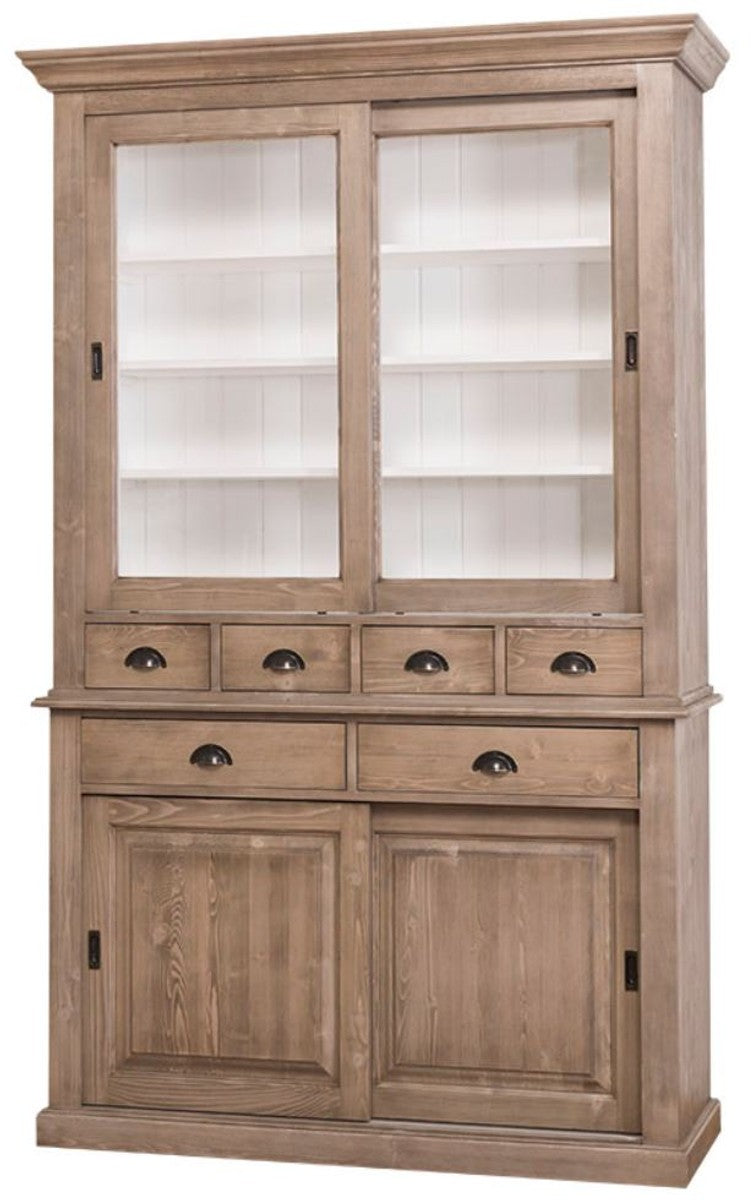 Landhausstil Küchenschrank Braun / Weiß 142 x 48 x H. 225 cm - 2 Teiliger Küchenschrank mit 4 Schiebetüren und 6 Schubladen