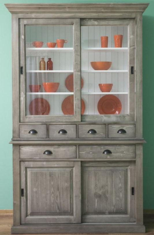 Landhausstil Küchenschrank Grau / Weiß 142 x 48 x H. 225 cm - 2 Teiliger Schrank mit 4 Schiebetüren und 6 Schubladen - Landhausstil Küchenmöbel