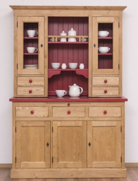 Landhausstil Küchenschrank Naturfarben / Bordeauxrot 137 x 50 x H. 197 cm - 2 Teiliger Küchenschrank mit 5 Türen und 7 Schubladen - Landhausstil Küchenmöbel