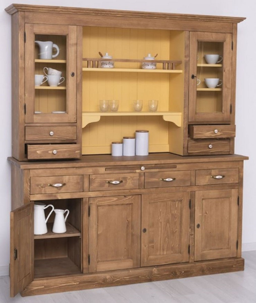 Landhausstil Esszimmerschrank Braun / Gelb 180 x 50 x H. 197 cm - Massivholz Küchenschrank - Esszimmermöbel im Landhausstil - Landhausstil Esszimmer Einrichtung