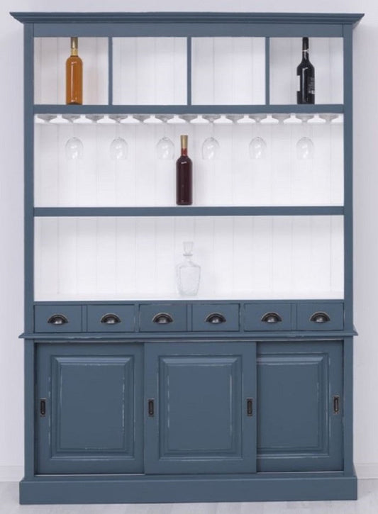 Landhausstil Massivholz Barschrank Antik Blau / Weiß 151 x 36 x H. 210 cm - Massivholz Weinschrank im Landhausstil - Massivholz Bar Möbel - Landhausstil Bar Möbel