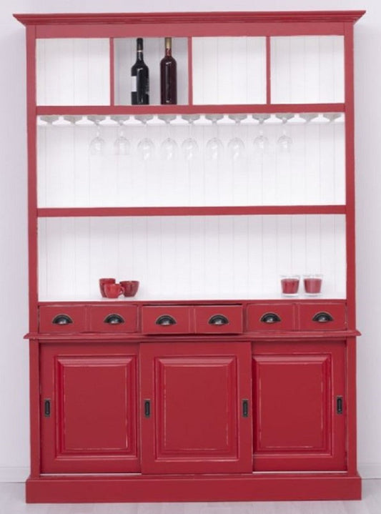 Landhausstil Massivholz Barschrank Antik Rot / Weiß 151 x 36 x H. 210 cm - Massivholz Weinschrank im Landhausstil - Massivholz Bar Möbel - Landhausstil Bar Möbel
