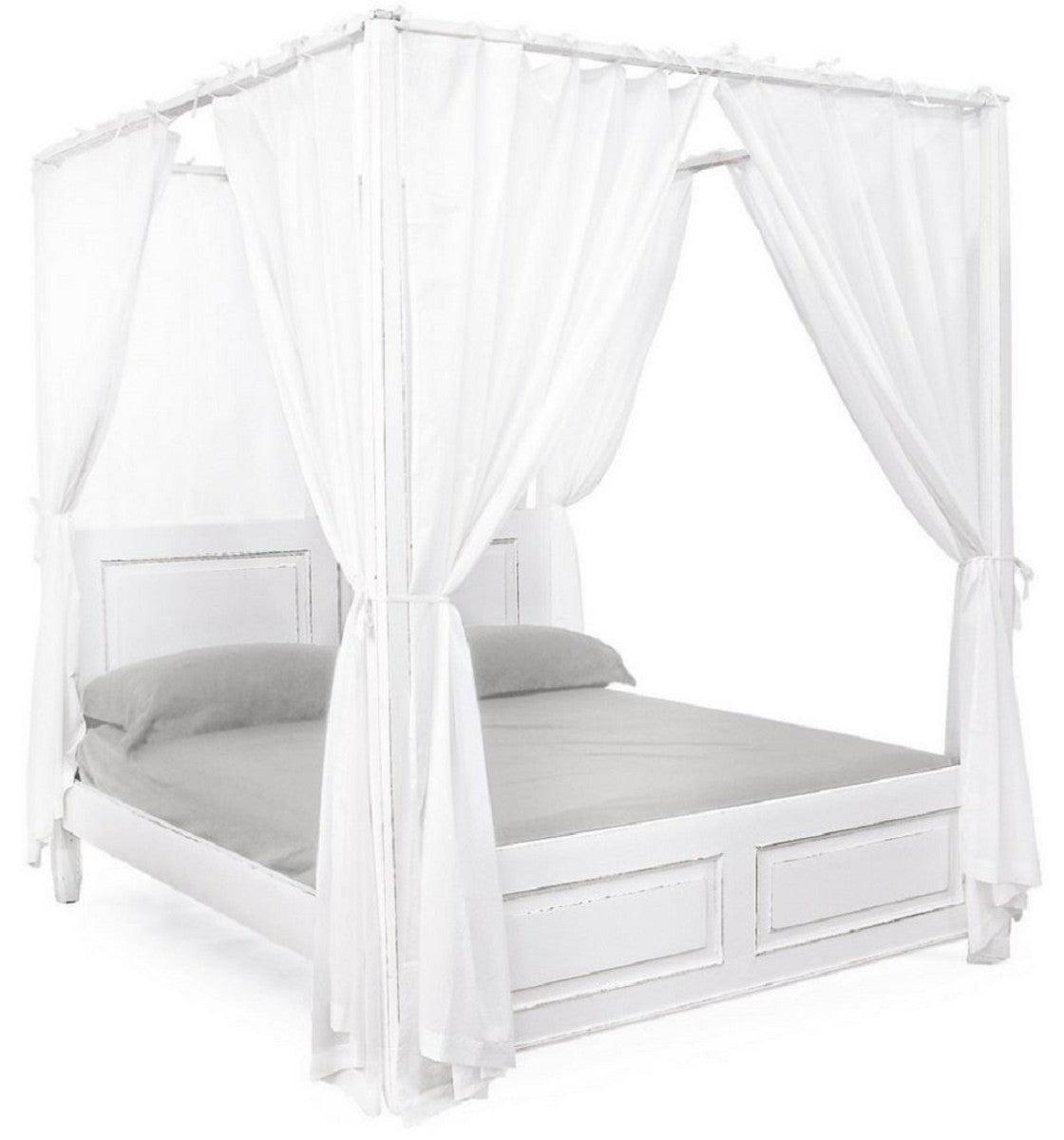 Landhausstil Doppelbett Antik Weiß 175 x 209 x H. 210 cm - Massivholz Bett mit Baumwoll Vorhängen - Schlafzimmer Möbel im Landhausstil - Landhausstil Möbel